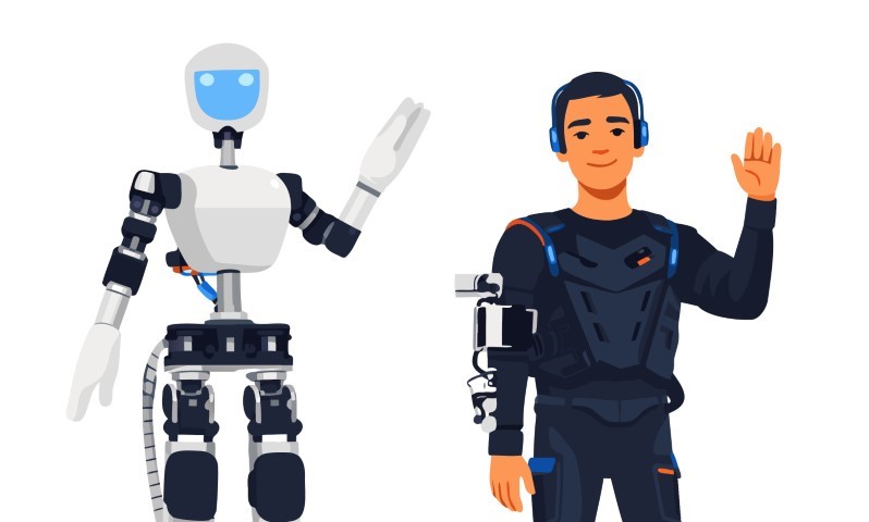 Young man waves alongside his high tech humanoid robot friend.