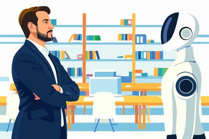 Modern office space where a robot assistant works near a professional.