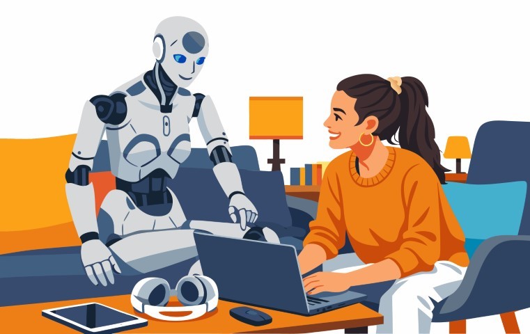 Robot and a young professional work together on a laptop in a cozy room.