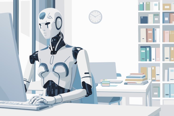 Android and a human stand in a modern hallway for a professional talk.