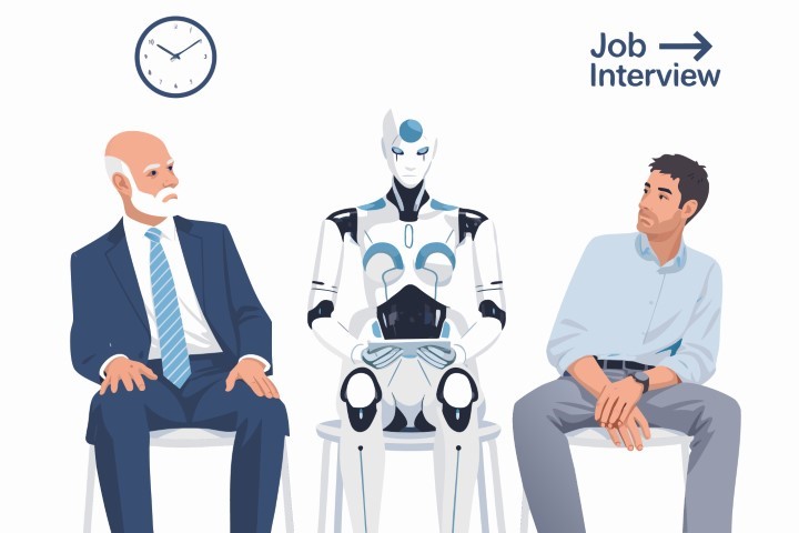Man sits in a waiting room next to a robot for a job interview.