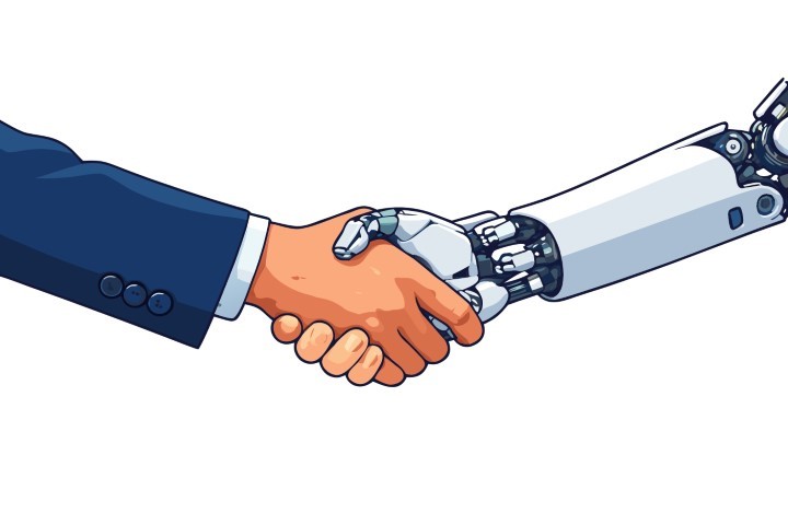 Human hand reaches out to shake hands with a sophisticated robotic hand.
