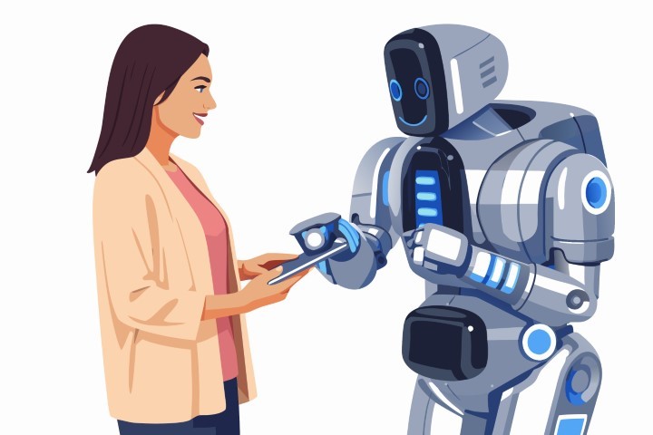 Smart robot assistant offers a digital tablet to a professional worker.
