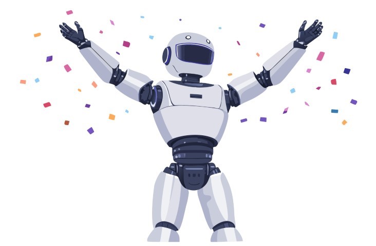 Happy humanoid robot raises arms in a celebratory gesture of success.