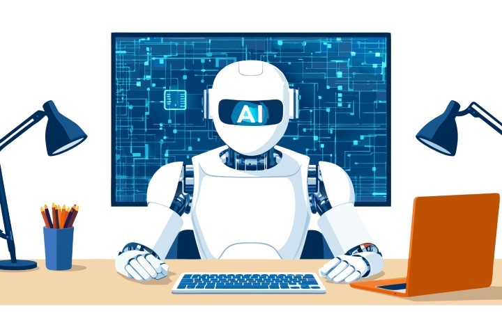 Artificial intelligence worker focuses on multiple monitors at a high tech desk.