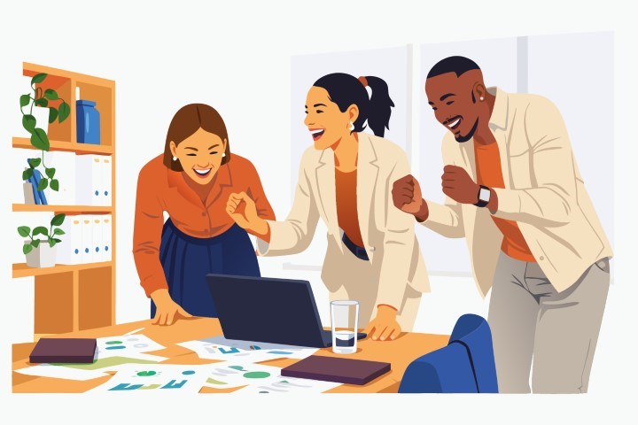 Professional team brainstorming and discussing a project in a modern office.