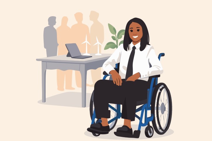 Professional black woman in a wheelchair working in a modern office.