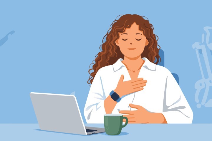 Young woman practicing deep breathing exercise while working at laptop.