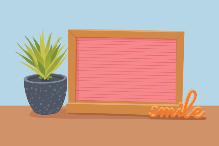 Framed blank pink board with a small plant and smile text decoration.