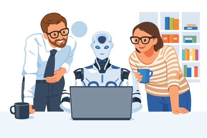 Two business colleagues working on a project with a small robot on the table.