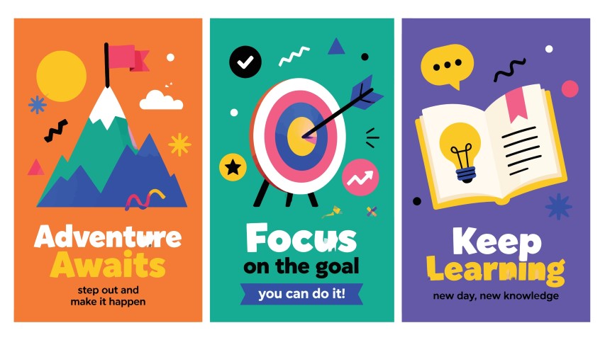 Motivational business posters with adventure goals and learning concepts.