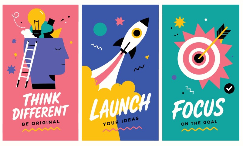 Inspirational corporate posters about thinking, launching, and goal focus.
