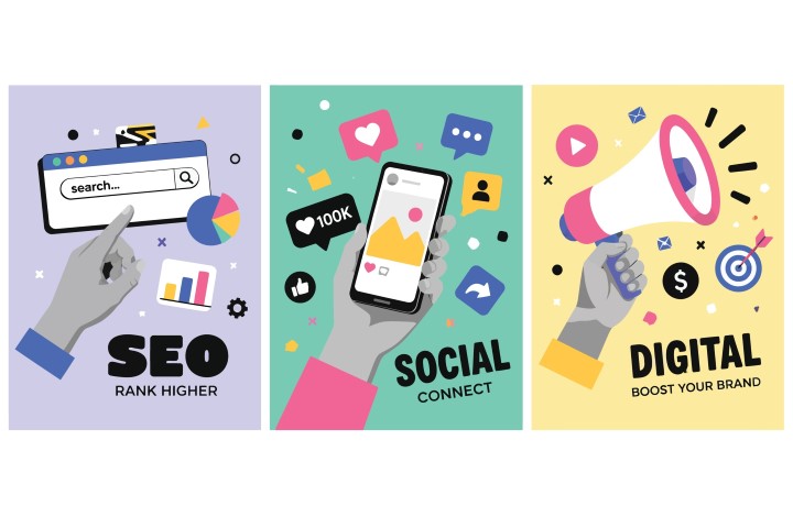 Digital marketing and social media icons.