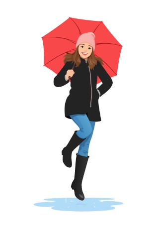 Woman walking in the rain with a red umbrella and a smile.