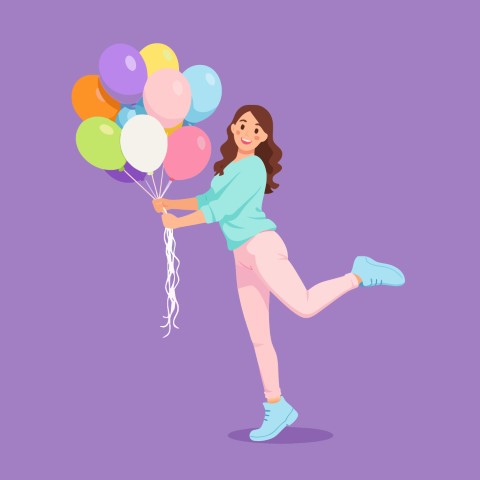 Young woman jumping with a bunch of colorful balloons.