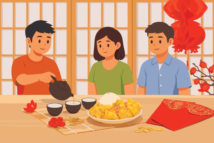 Family celebrating a traditional festival with tea and food.