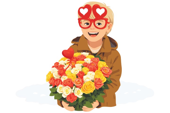 Smiling young woman holding a large bouquet of colorful flowers and wearing heart shaped glasses.