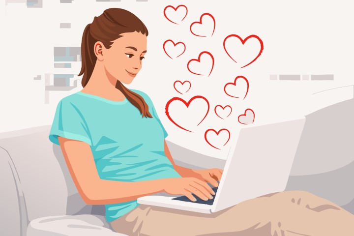 Woman sitting on a sofa and using a laptop with floating hearts around.