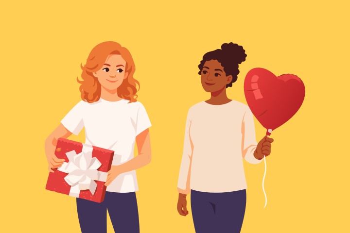 Two friends or partners standing together with hearts and gifts for a celebration.