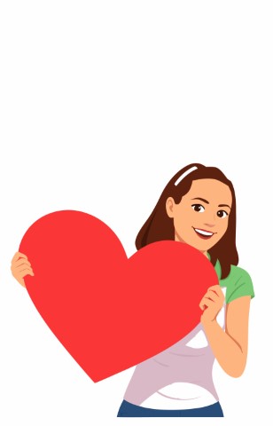Delighted woman hiding behind a giant red heart with a playful expression.