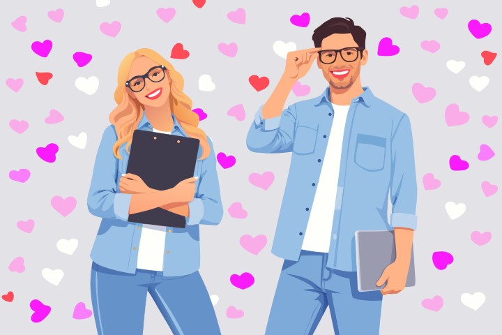 Couple in casual clothes walking together and sharing a romantic moment.