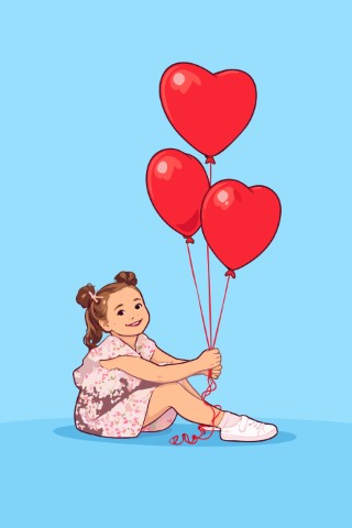 Sweet young girl sitting on the ground with a bunch of floating heart balloons.