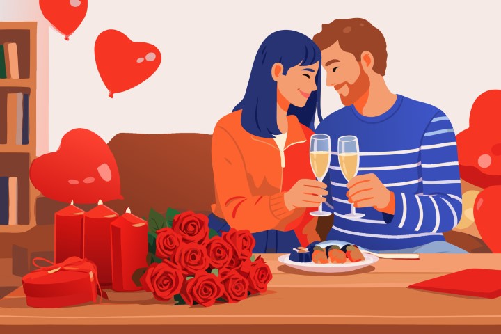 Happy couple sharing a romantic dinner with wine and roses.
