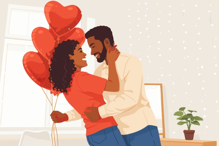 A couple in formal wear shares a romantic dance against a red background.