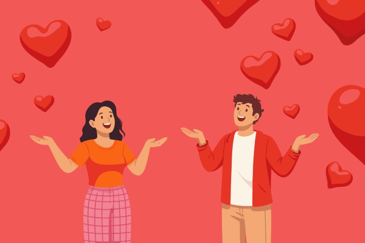 Family with a child standing together among floating red hearts.