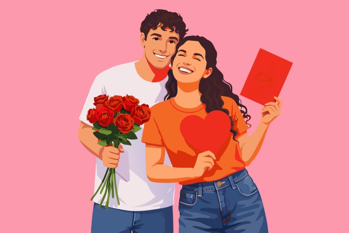 Happy couple holding a red heart and a bouquet of red roses.