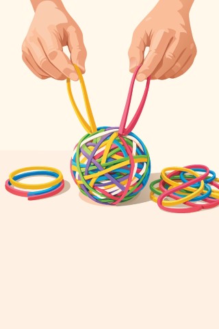 Close up of hands making a colorful rubber band ball.