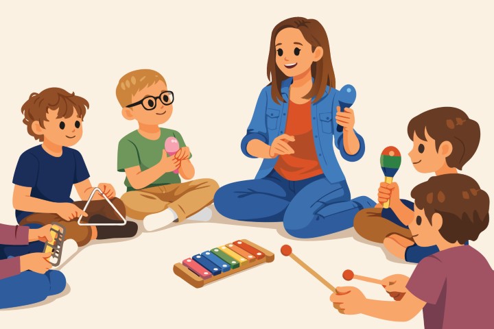 Group of small children playing musical instruments together with a teacher in a classroom.