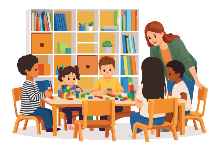 Teacher reading a book to a group of diverse children in a library.