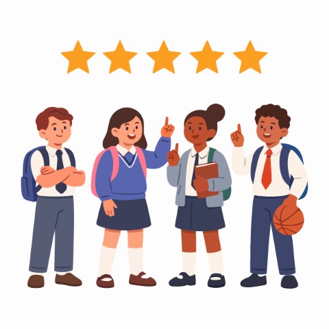 Four Happy Students Celebrate School Success With Five Bright Stars And Feel Ready For The New School Year.