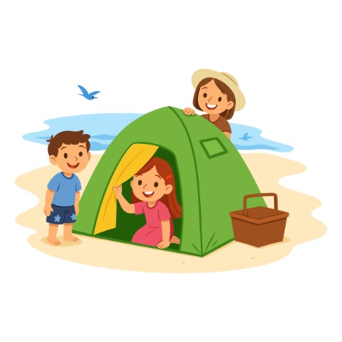 Happy Children Are Having A Wonderful Summer Camp Under The Green Tent Set Up On The Beach.
