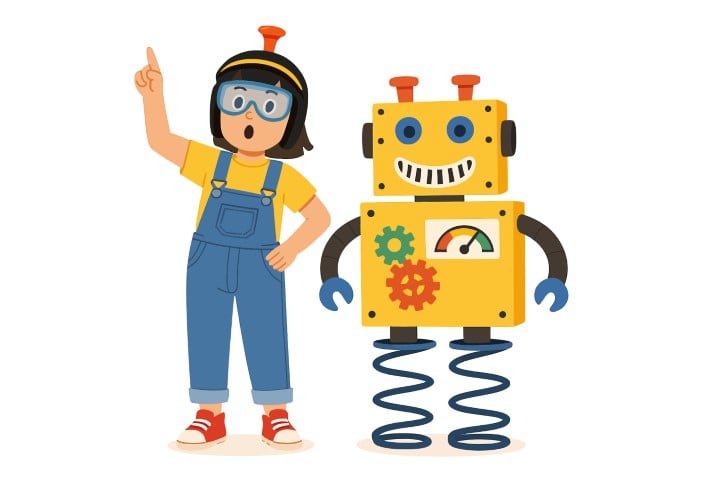 Young inventor's unbreakable bond with their friendly technological assistant developed in the workshop.