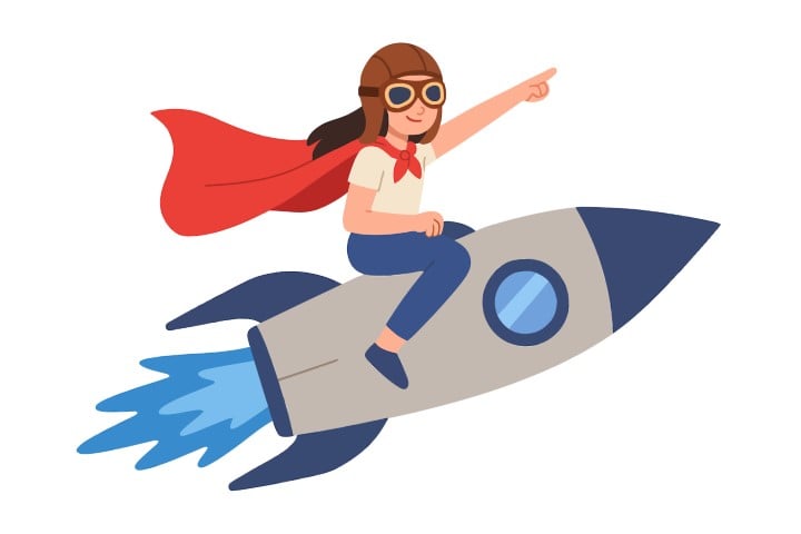Adventurous journey of the brave child soaring through the sky with a red cape on a rocket.