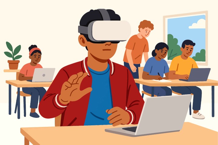 Virtual reality technology provides an immersive educational experience for a curious student in the classroom.