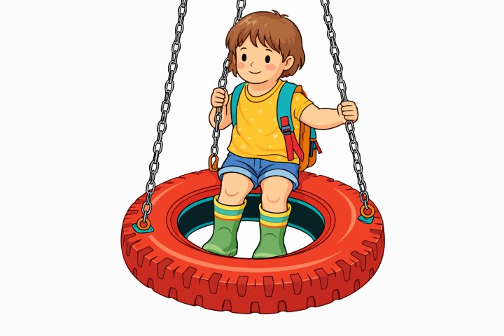 A happy child experiencing the joy of childhood and freedom to the fullest while swinging on a red tire swing.