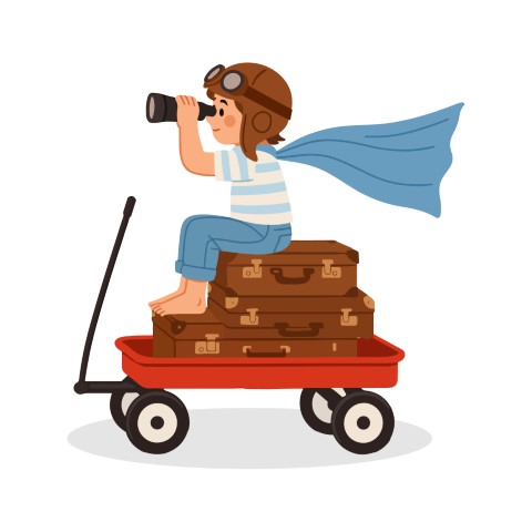 A child dreaming of a journey toward the sky on suitcases with pilot goggles and a cape.