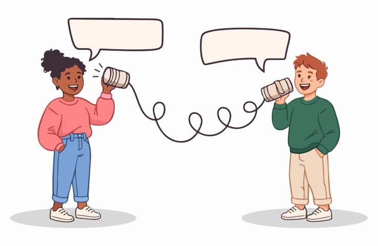 A sincere and joyful communication moment established by two young friends with tin cans.