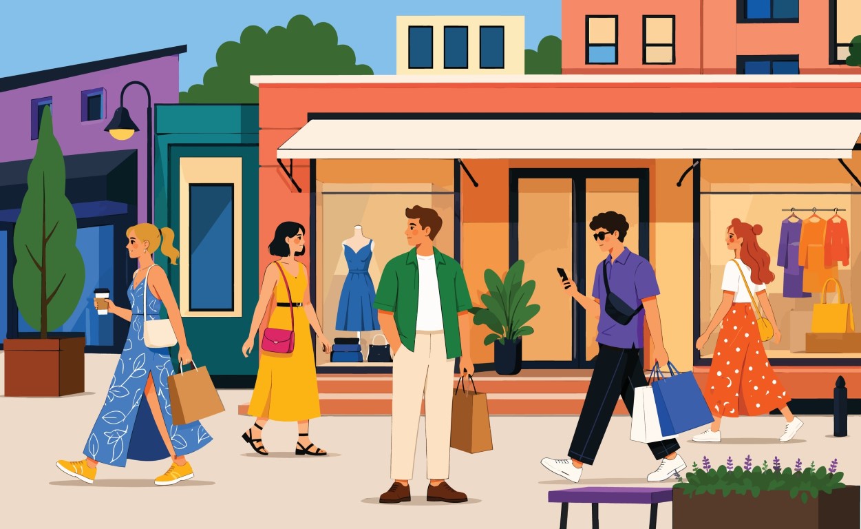 People Walking and Shopping on a Colorful Urban Shopping Street.