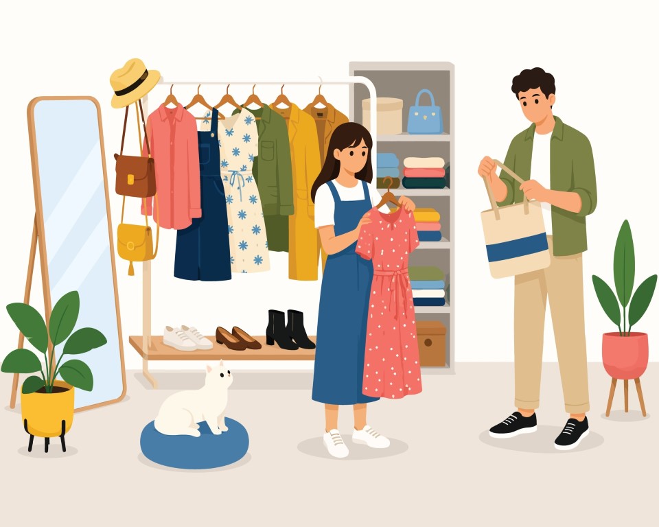 Young Couple Choosing Clothes Together in a Well-Organized Home Wardrobe Room.