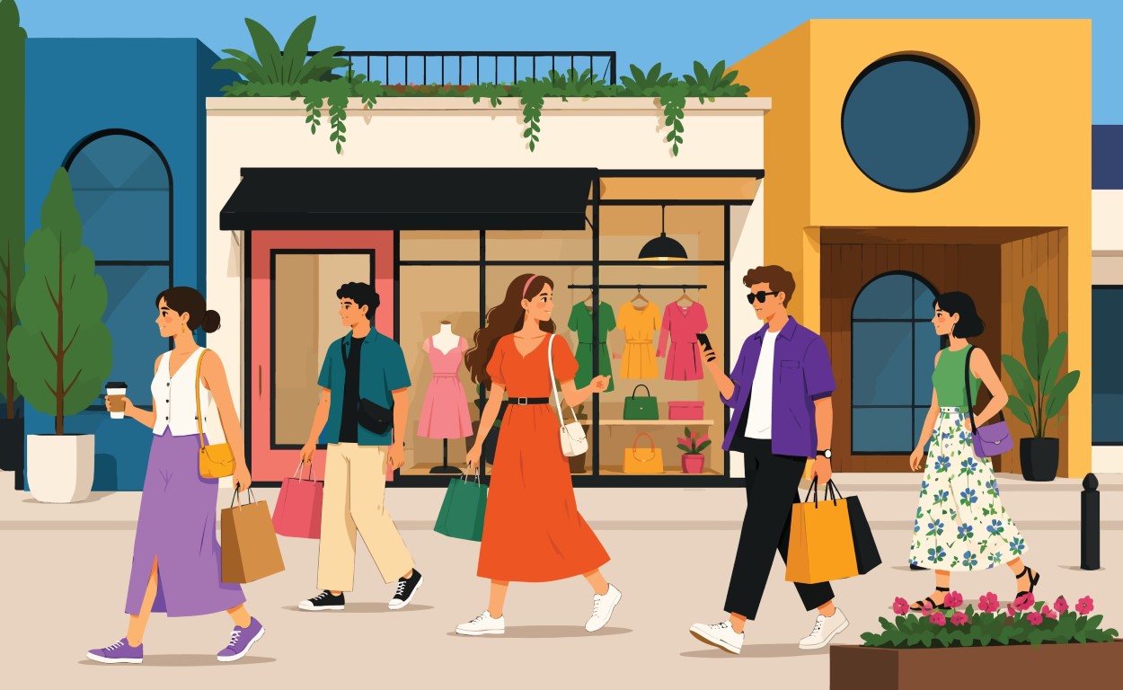 Group of young adults walking and shopping along a colorful outdoor retail street.