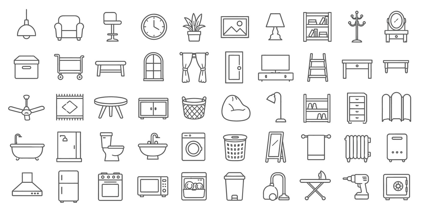 Home furniture and living room decoration icon set.
