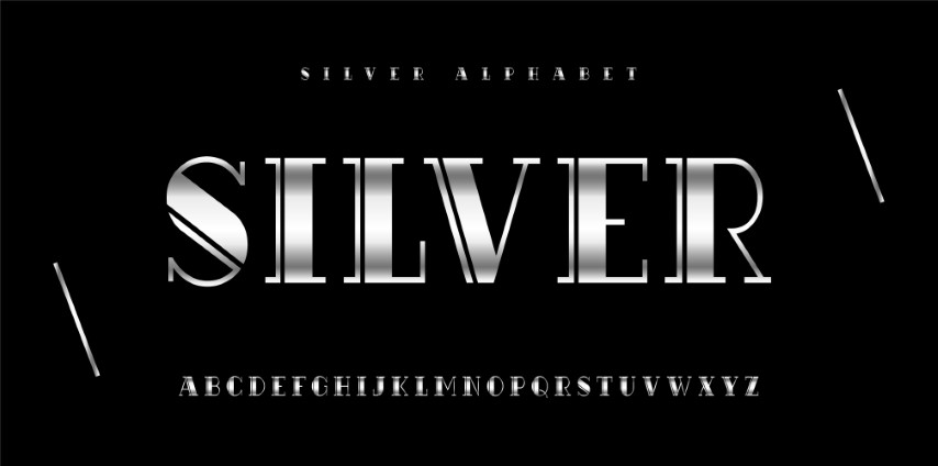 Silver style font, metallic alphabet letters and numbers. Vector.