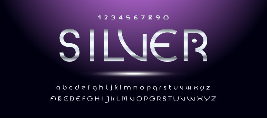 Silver style font, metallic alphabet letters and numbers. Vector.