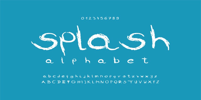 water splashing fonts a to z and 1 to 10. Vector illustration.