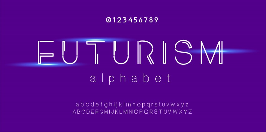Futurism style alphabet. Decorative alphabet fonts and numbers.