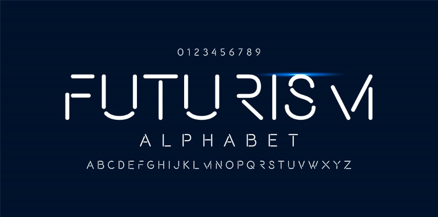 Futurism style alphabet. Decorative alphabet fonts and numbers.